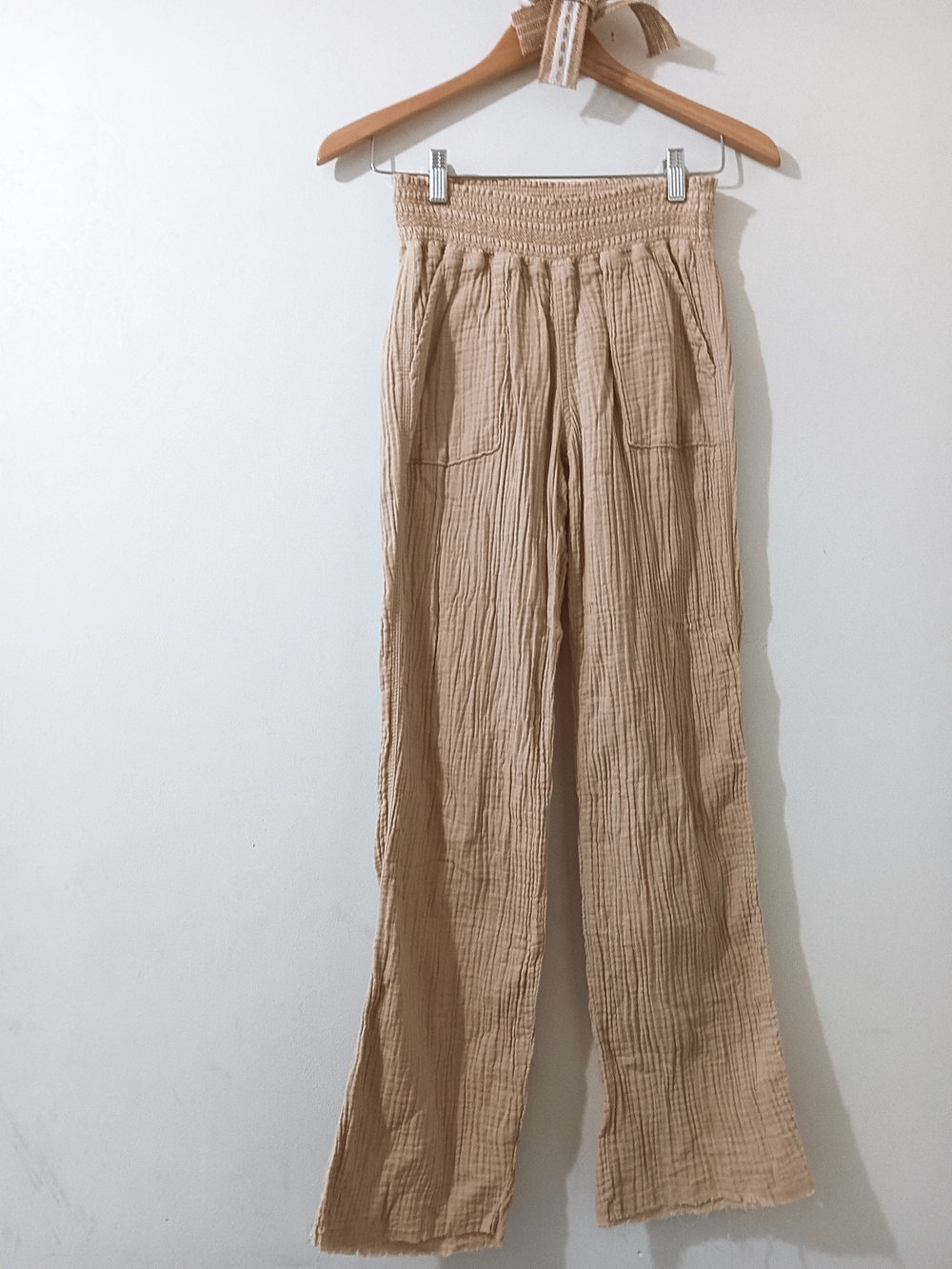 SINCERELY JULES BEIGE TAN GAUZE COTTON SMOCKED STRAIGHT WIDE LEG PANTS SMALL